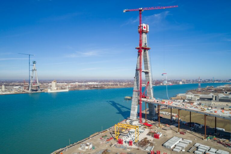 Start of stay cable installation on the Gordie Howe International Bridge