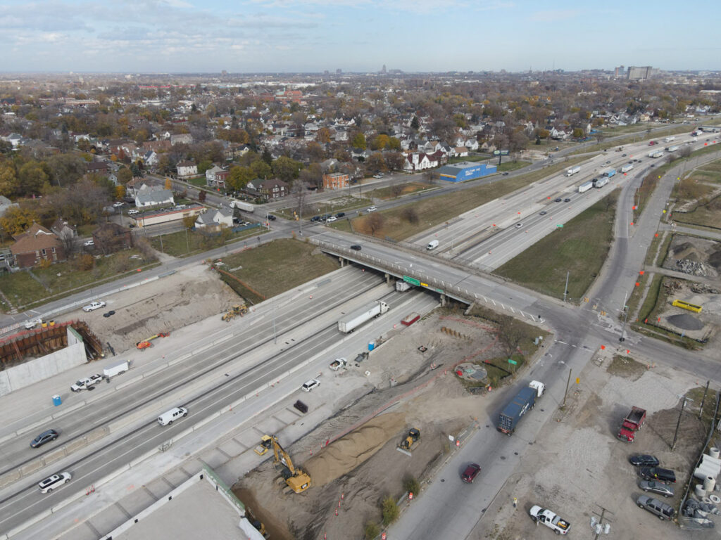 over bridge construction progress with traffic