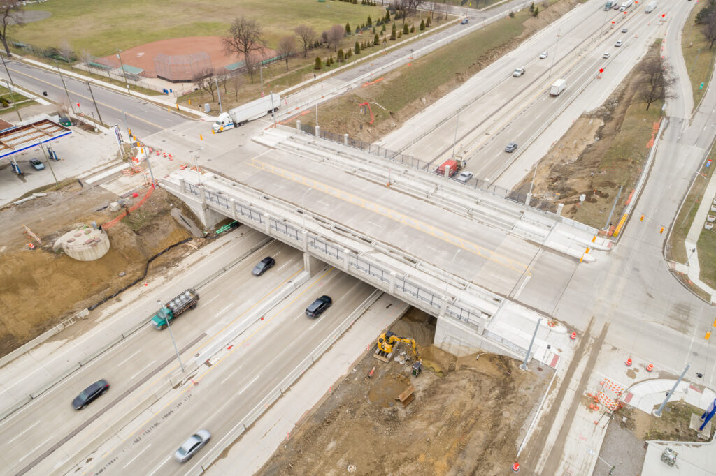 over bridge construction progress with traffic