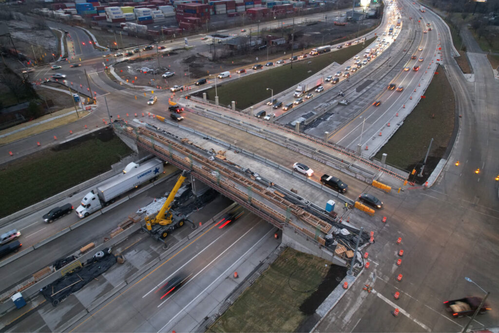 over bridge construction progress with traffic