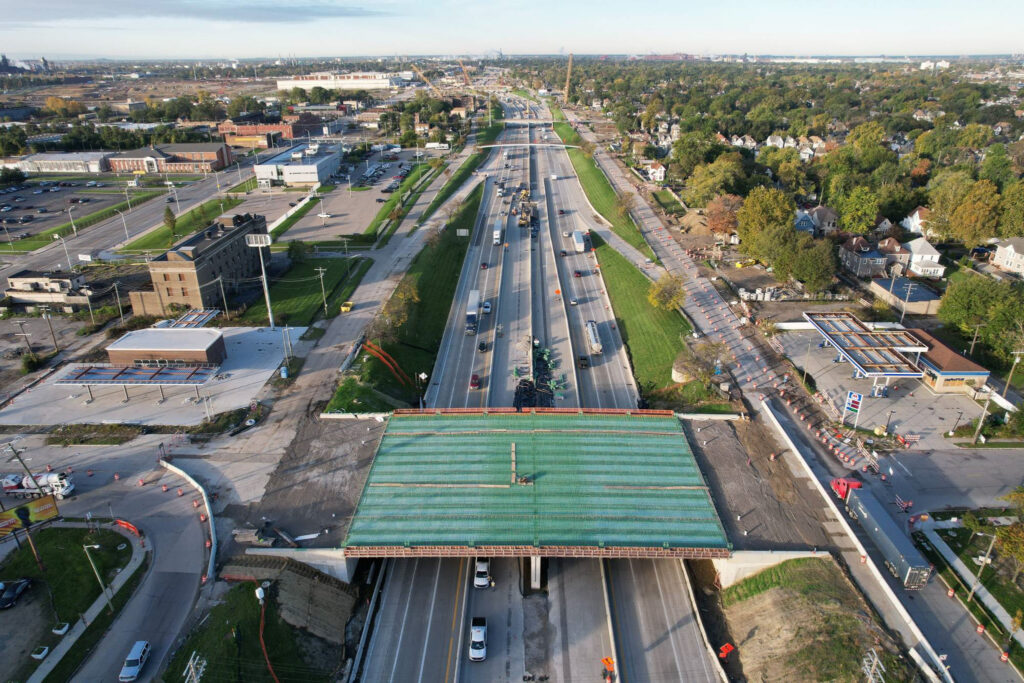 over bridge construction progress with traffic