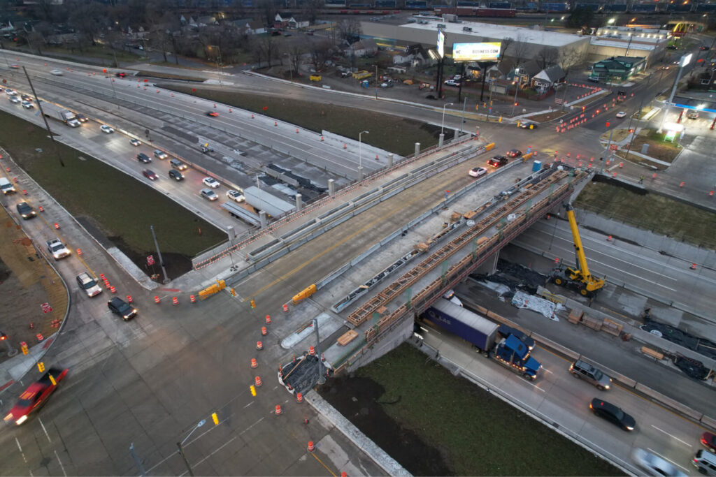 over bridge construction progress with traffic