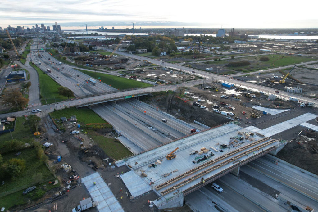 over bridge construction progress with traffic
