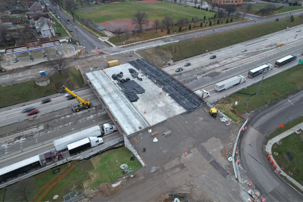 over bridge construction progress with traffic