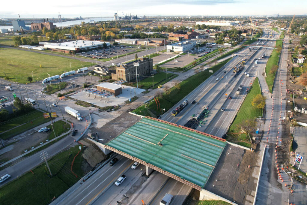 over bridge construction progress with traffic