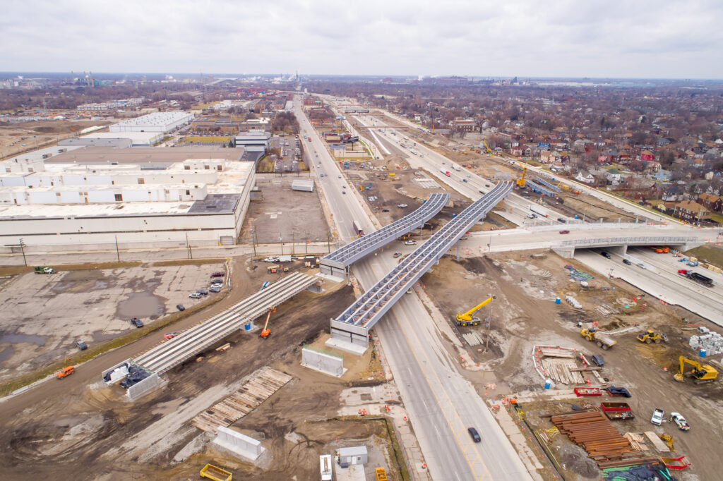 over bridge construction progress with traffic