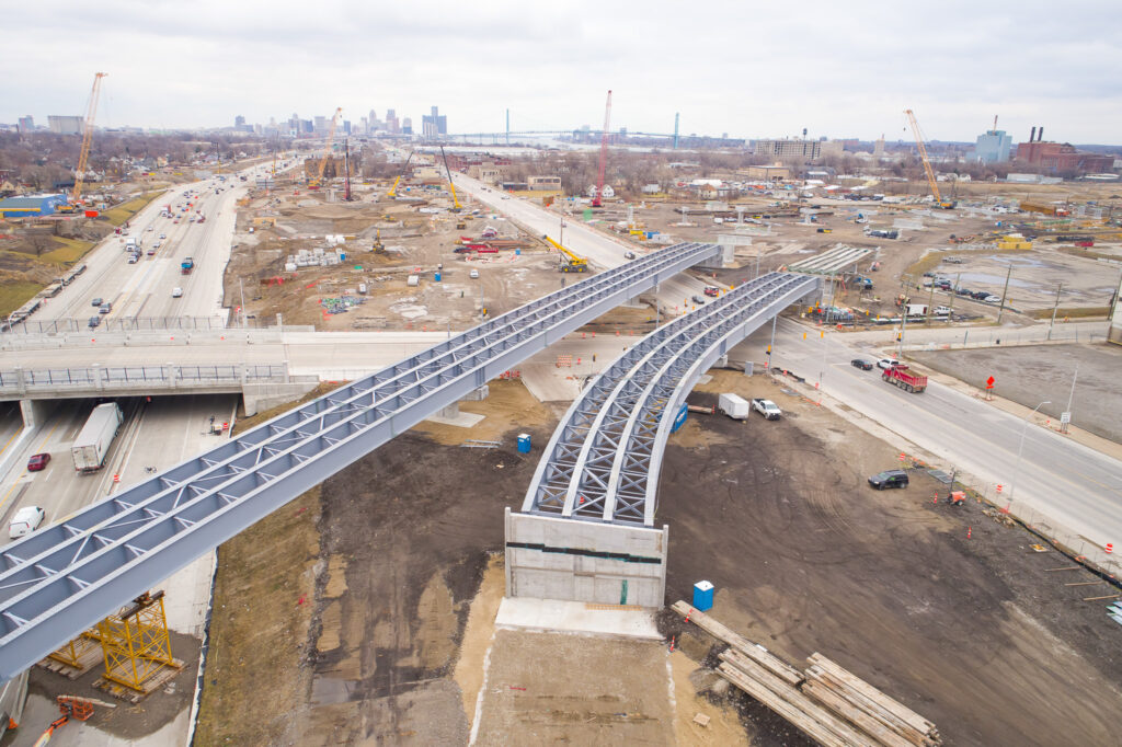 over bridge construction progress with traffic
