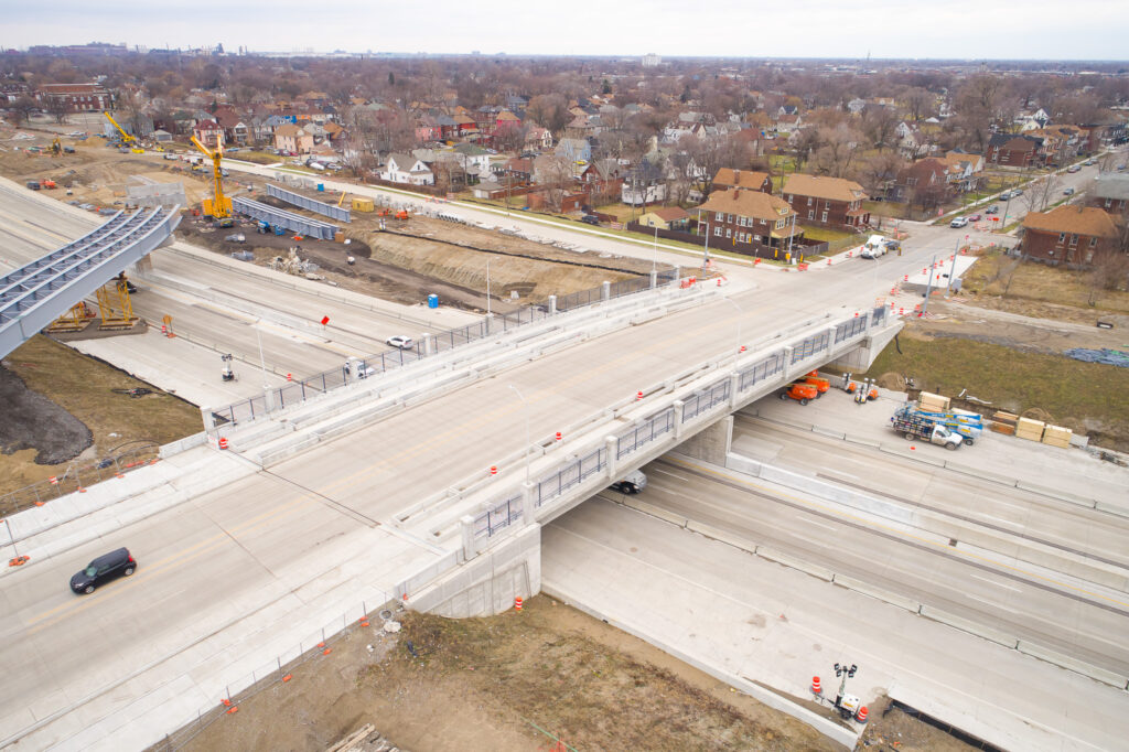 over bridge construction progress with traffic