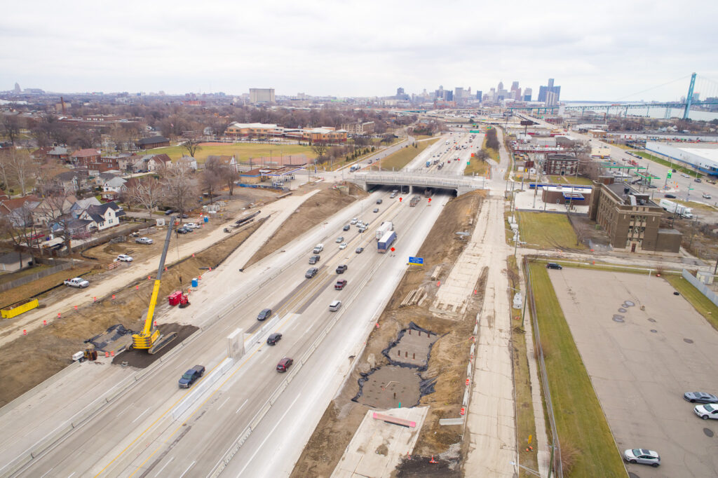 over bridge construction progress with traffic