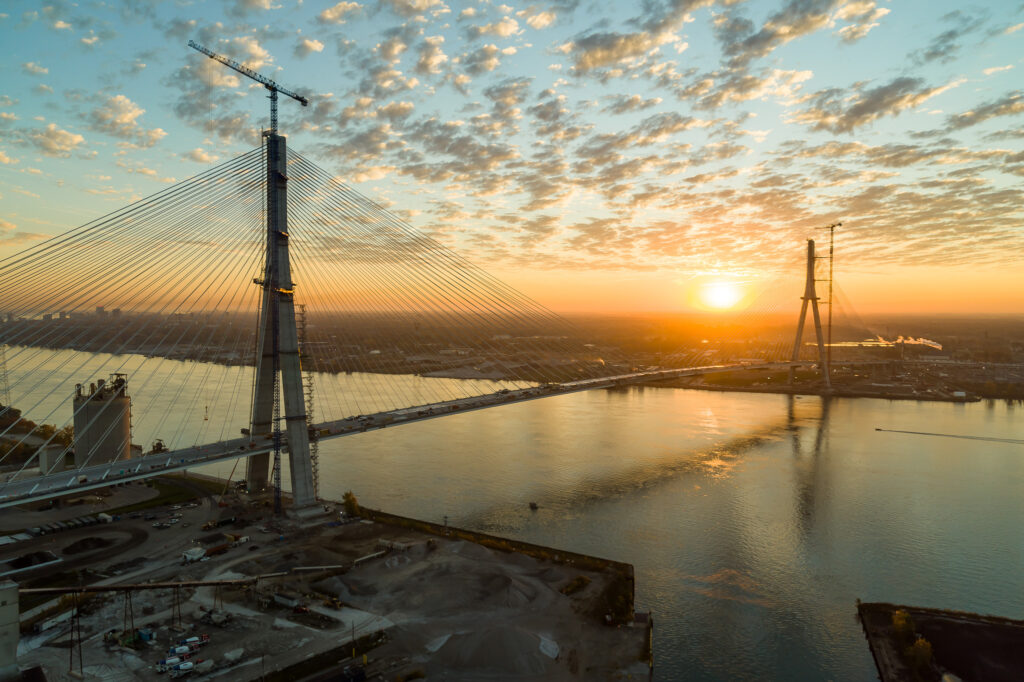 Gordie Howe International Bridge Site Progress - sunset