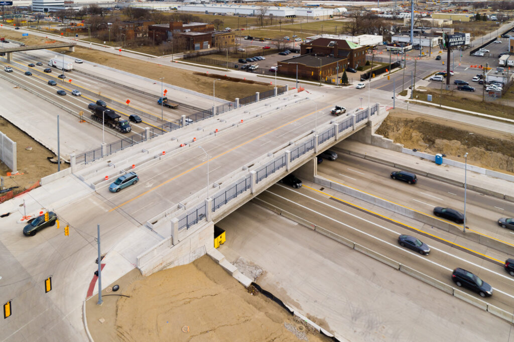 over bridge construction progress with traffic