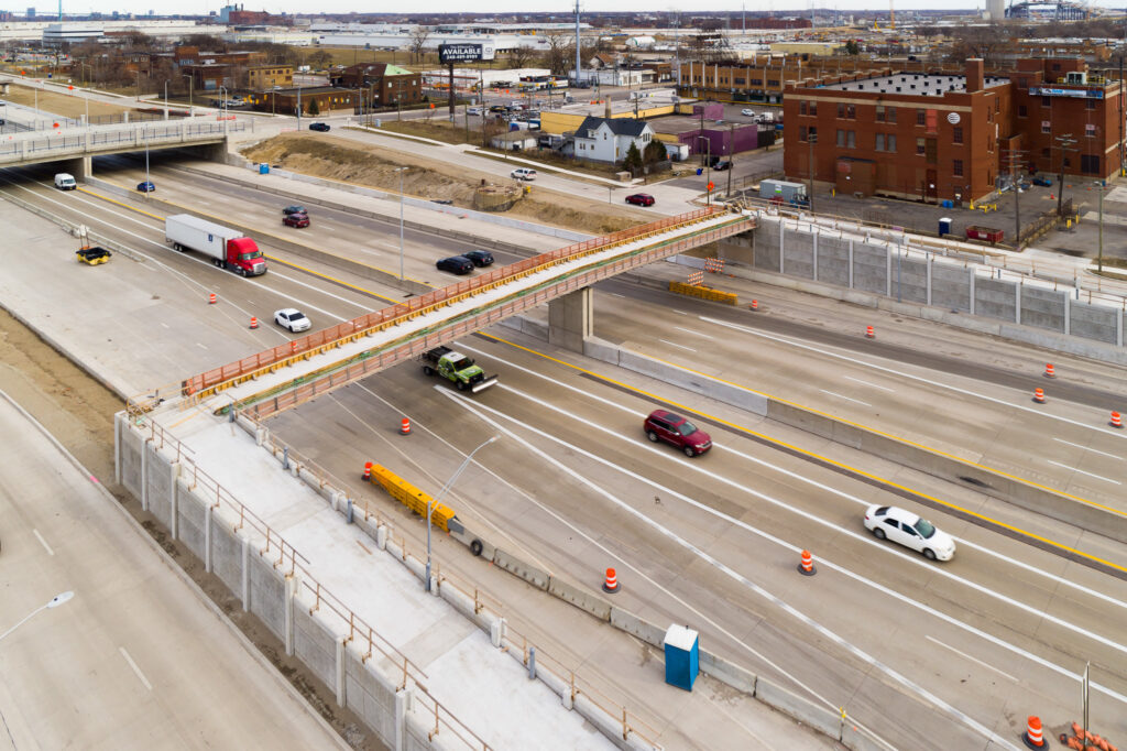 over bridge construction progress with traffic