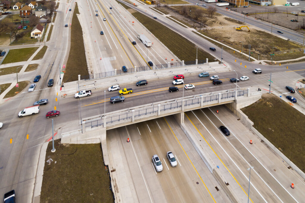 over bridge construction progress with traffic