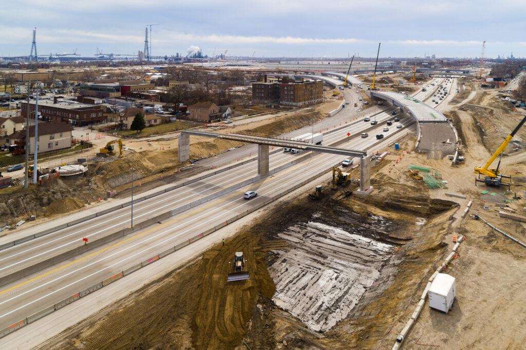 over bridge construction progress with traffic