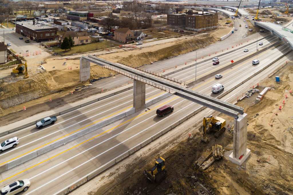 over bridge construction progress with traffic