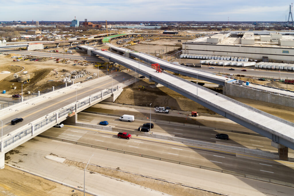 over bridge construction progress with traffic