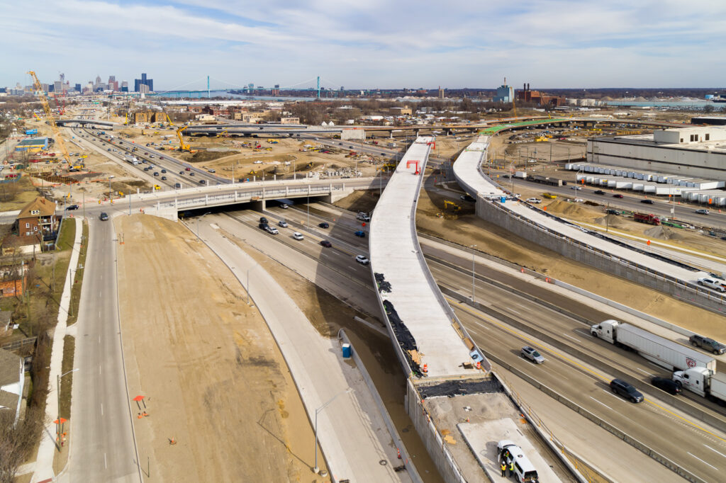 over bridge construction progress with traffic