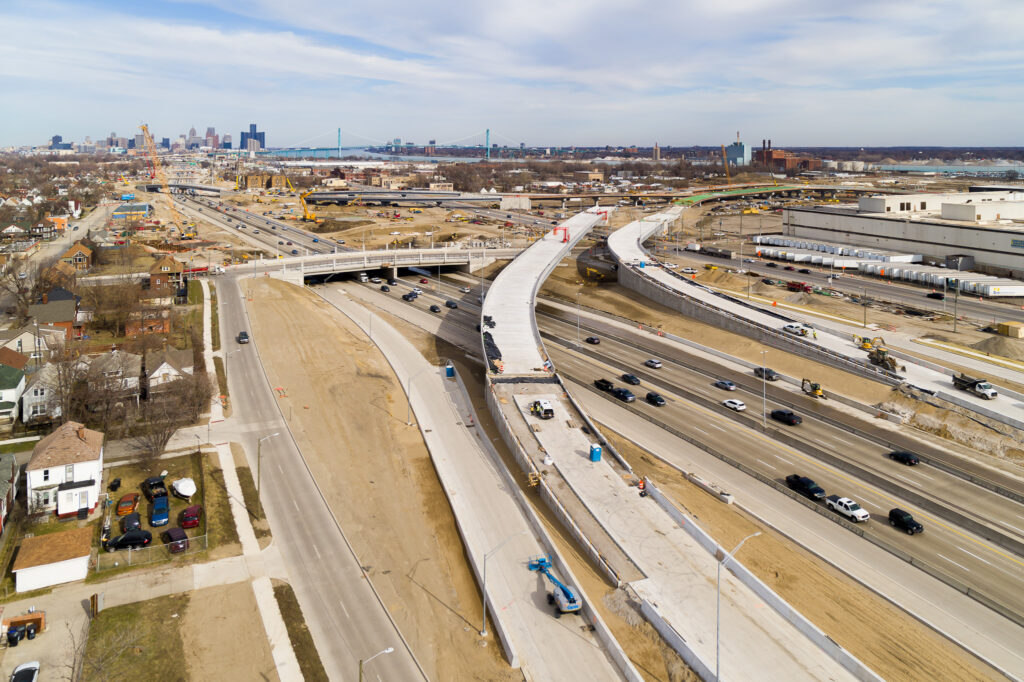 over bridge construction progress with traffic
