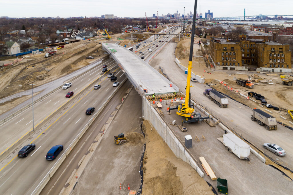 over bridge construction progress with traffic