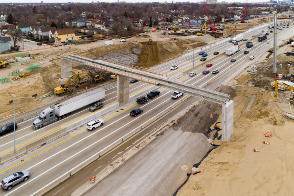 over bridge construction progress with traffic