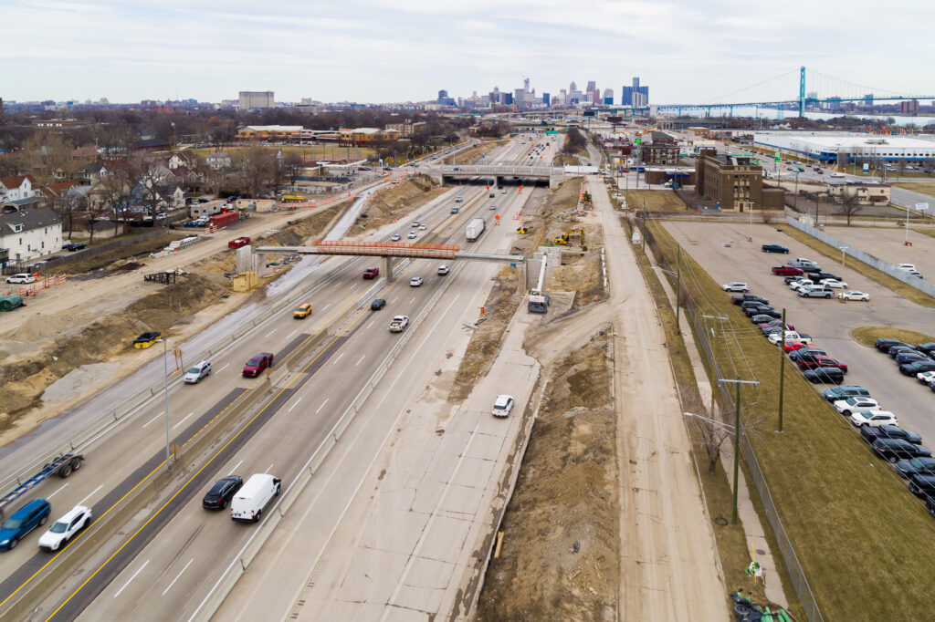 over bridge construction progress with traffic