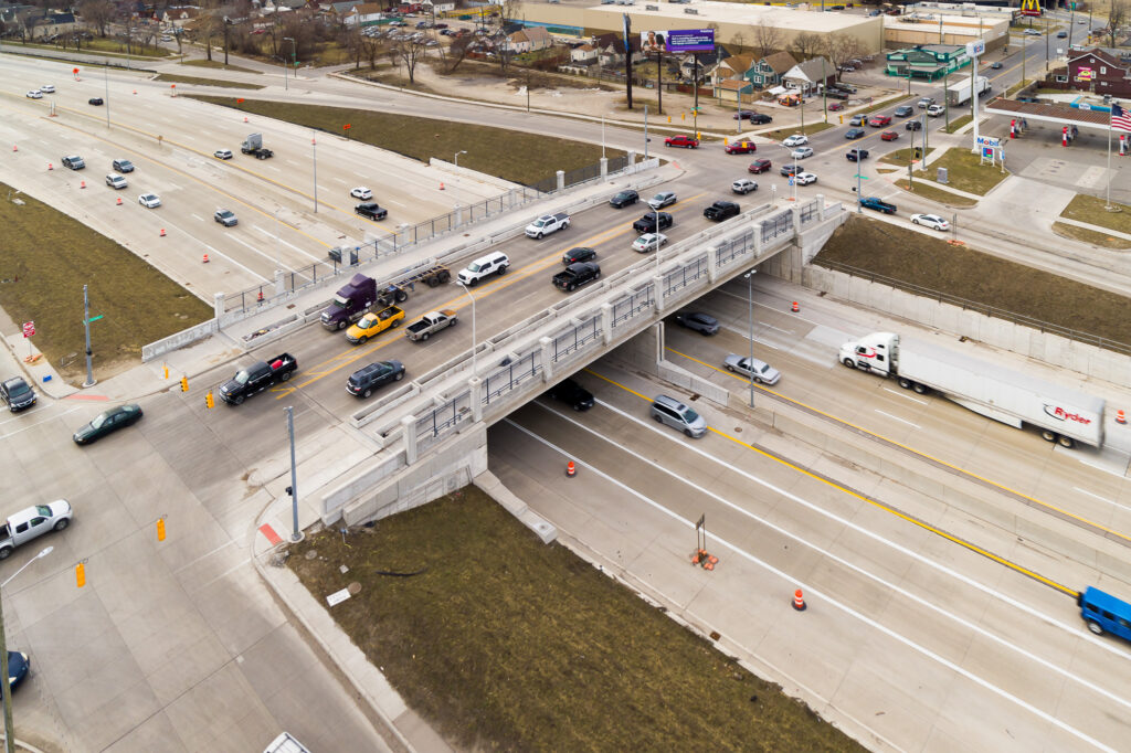 over bridge construction progress with traffic