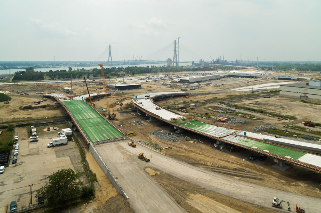 over bridge construction progress with traffic