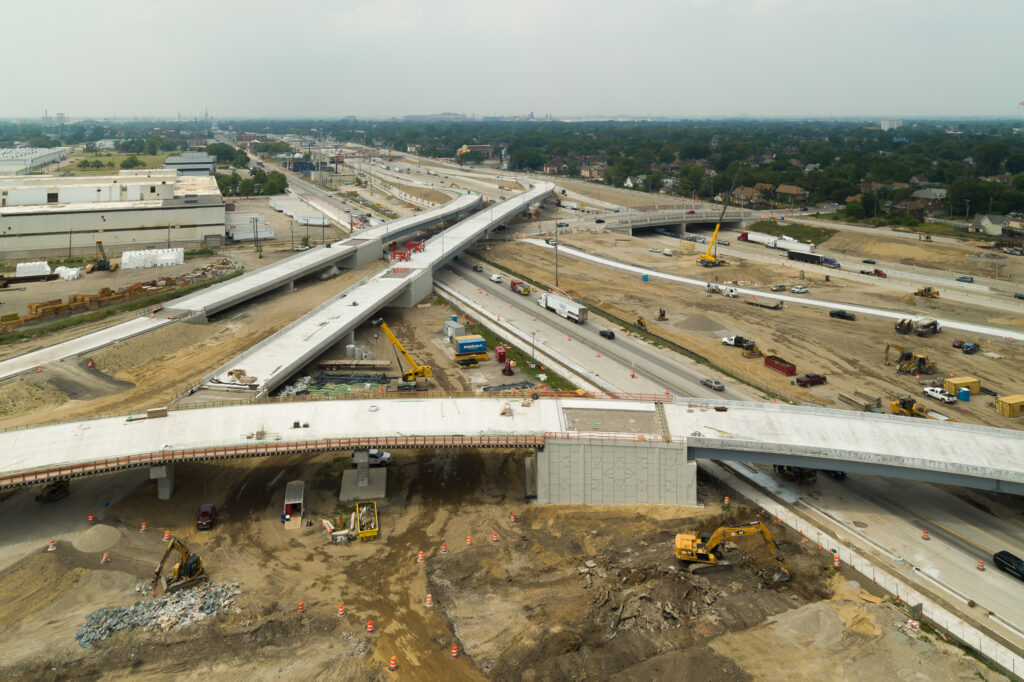over bridge construction progress with traffic