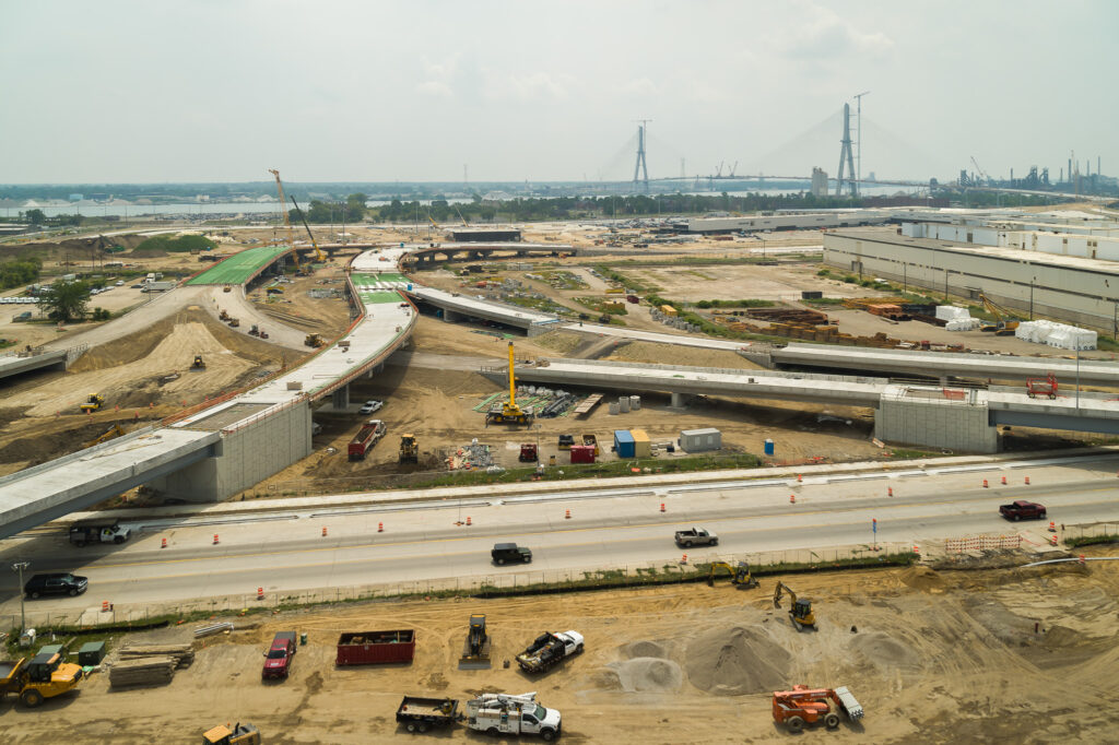 over bridge construction progress with traffic