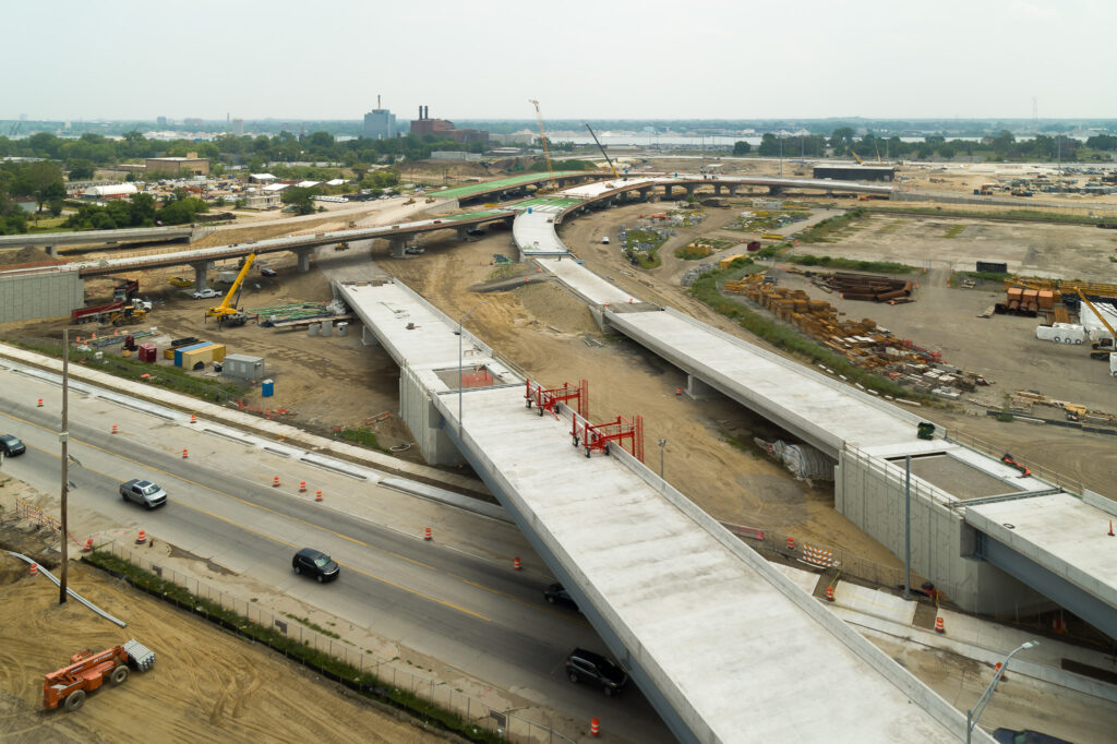 over bridge construction progress with traffic