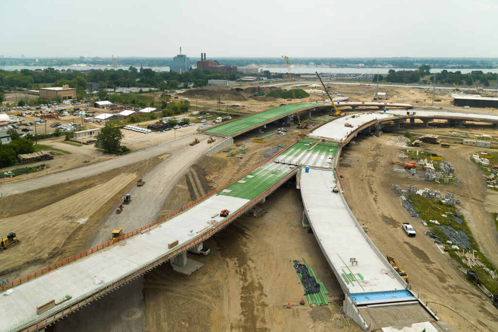 over bridge construction progress with traffic