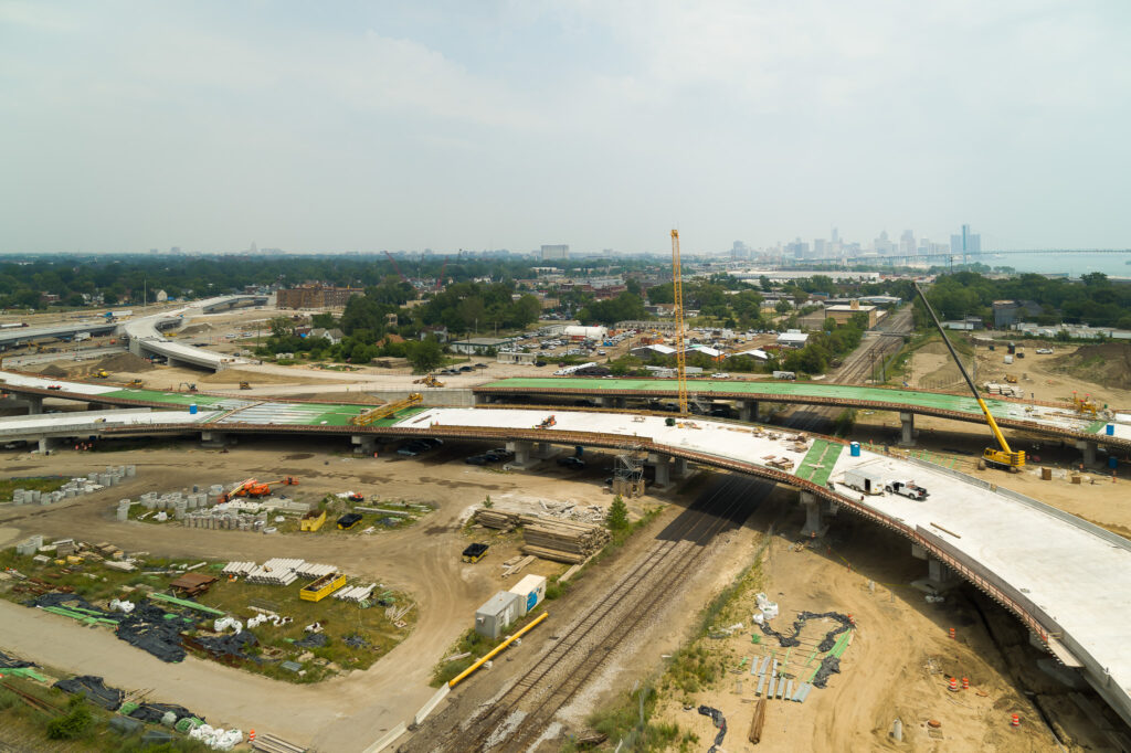 over bridge construction progress with traffic
