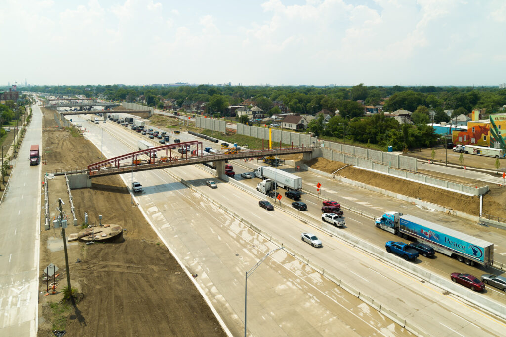 over bridge construction progress with traffic