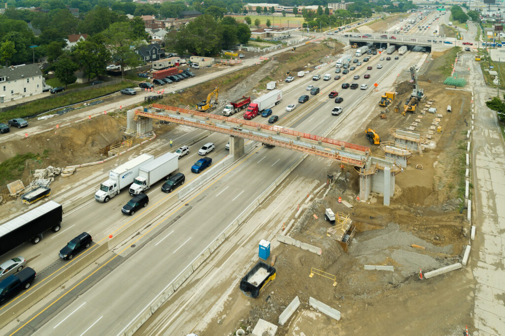 over bridge construction progress with traffic