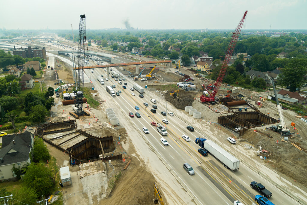 over bridge construction progress with traffic