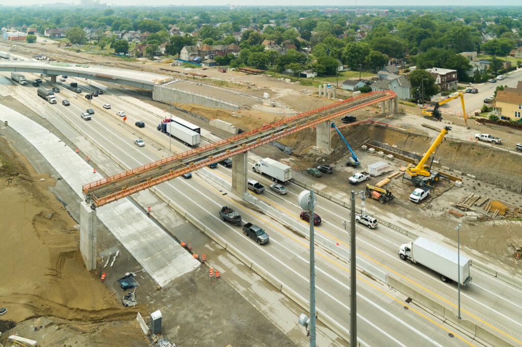 over bridge construction progress with traffic