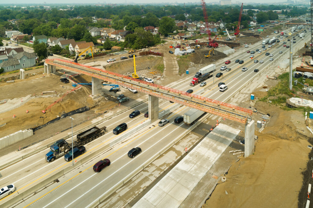 over bridge construction progress with traffic