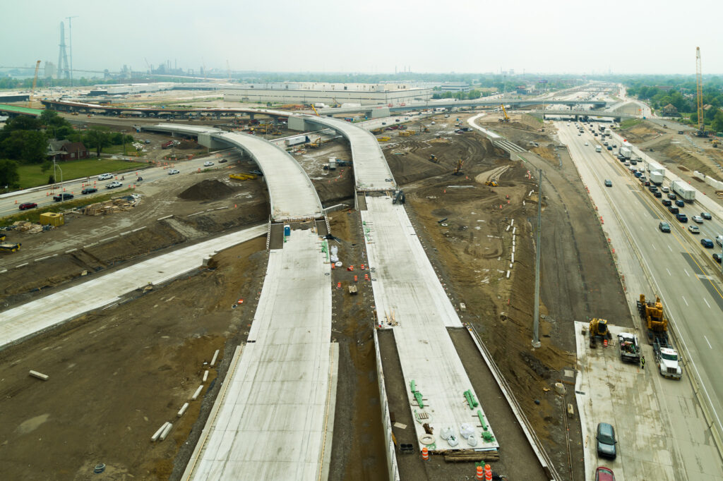 over bridge construction progress with traffic