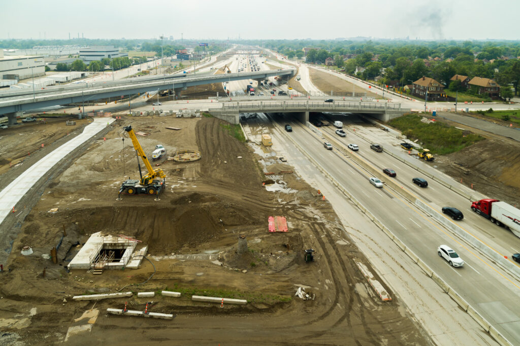 over bridge construction progress with traffic