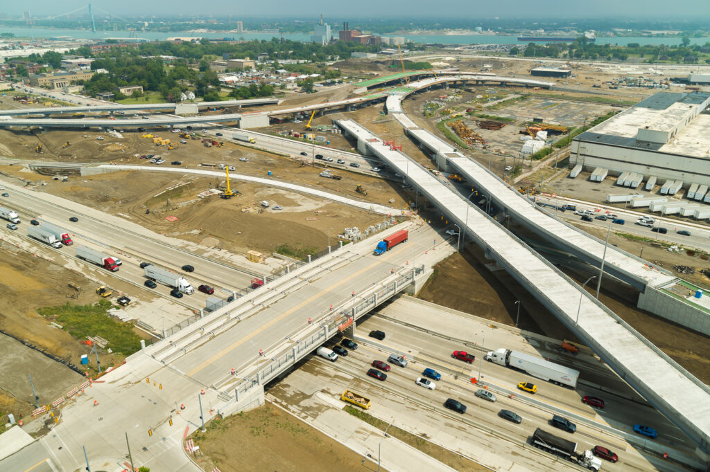 over bridge construction progress with traffic