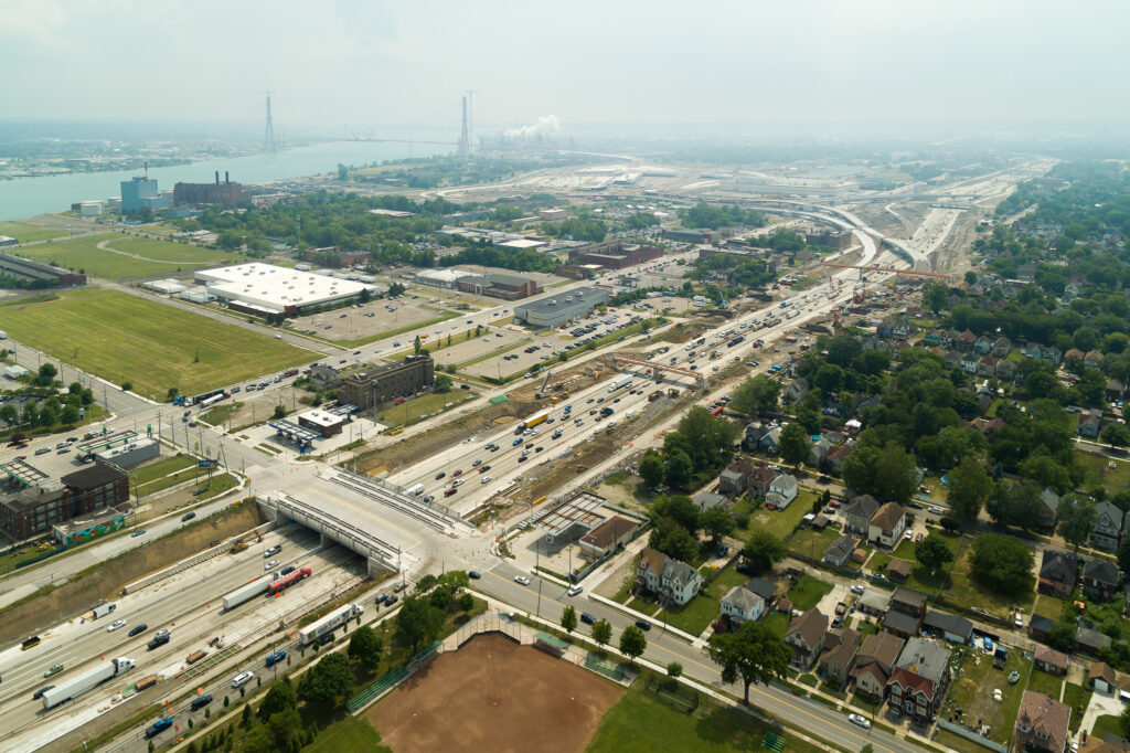 over bridge construction progress with traffic