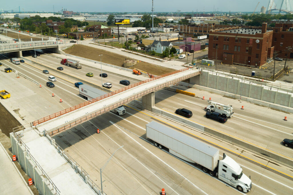 over bridge construction progress with traffic