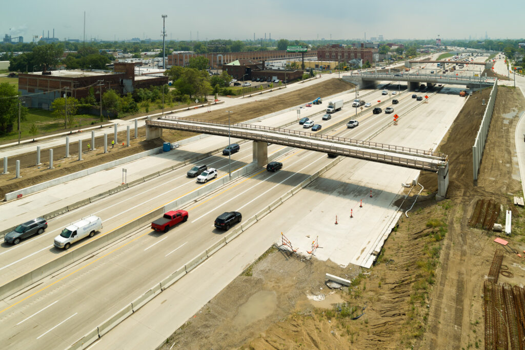 over bridge construction progress with traffic