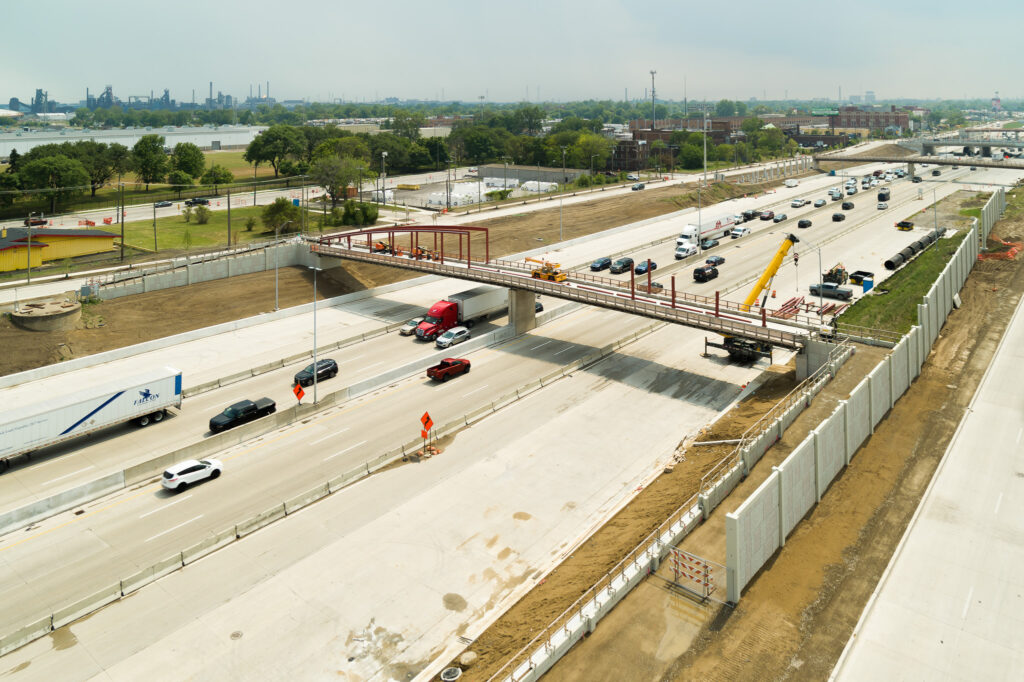 over bridge construction progress with traffic