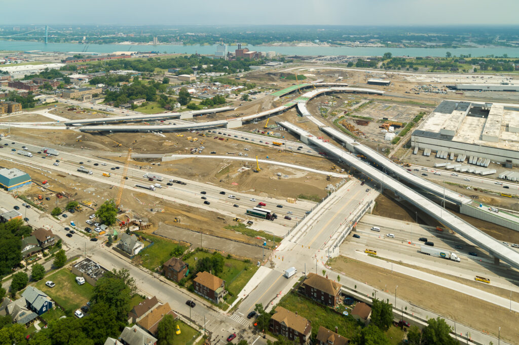 over bridge construction progress with traffic