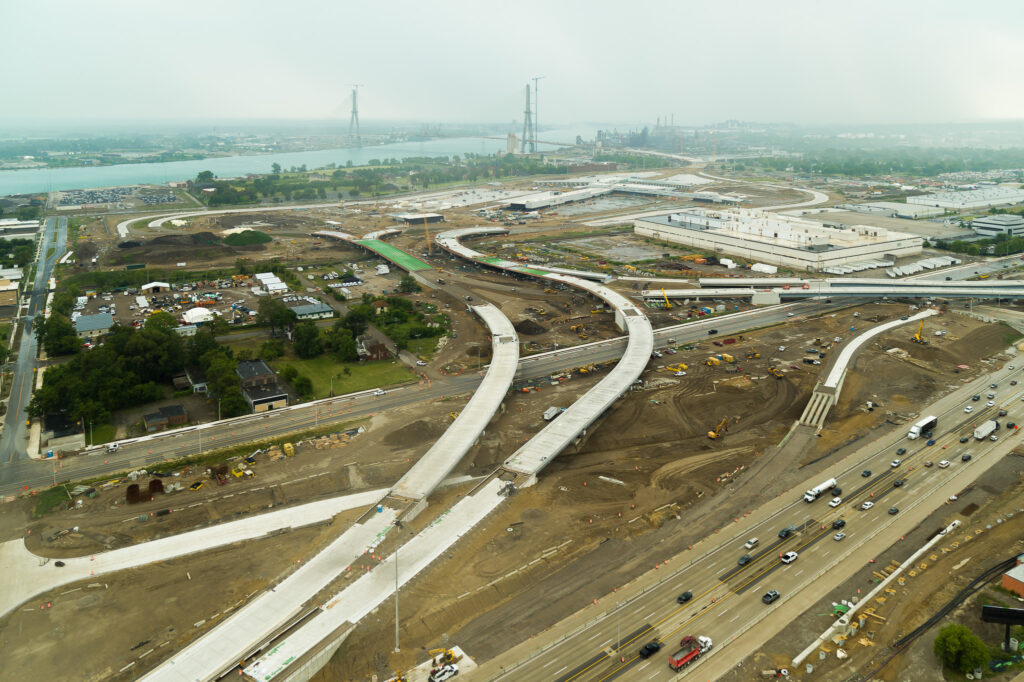 over bridge construction progress with traffic