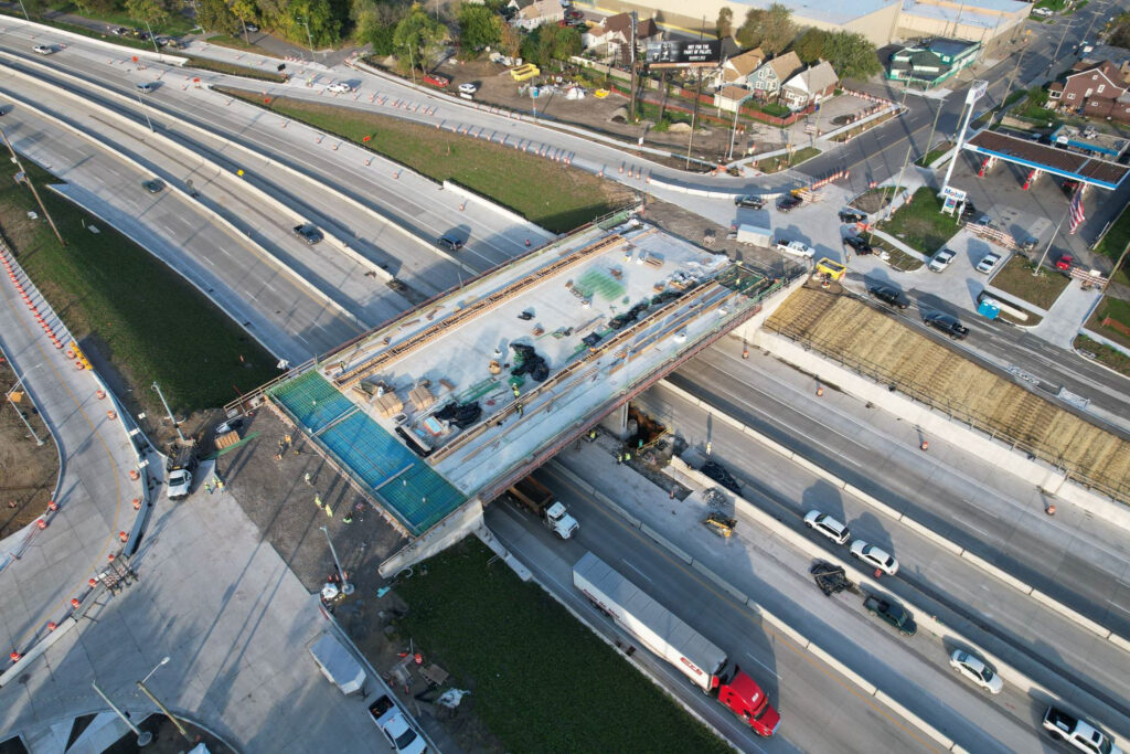 over bridge construction progress with traffic