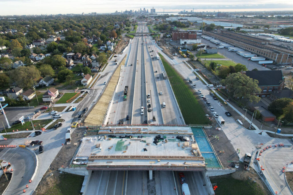 over bridge construction progress with traffic