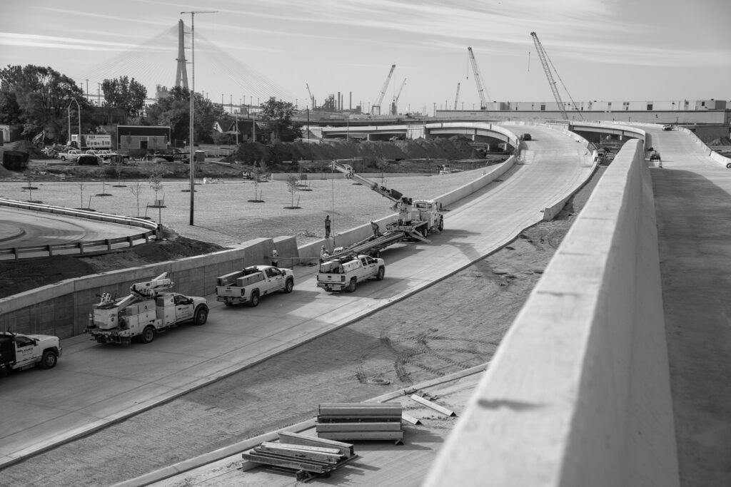 Michigan Interchange Progress Photo in black and white