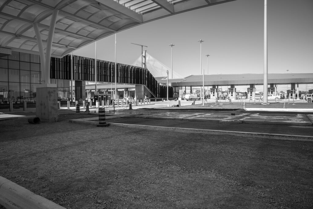 customs building outside black and white